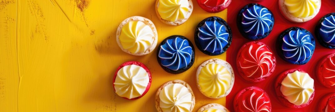 Colorful cupcakes arranged on a bright yellow background. The cupcakes feature swirls of blue, red, yellow, and white icing, creating a festive appearanc