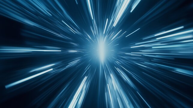 A bright blue hyperspeed tunnel of diverging light beams and beam lines, creating the effect of flying at superluminal speed through space or digital space.