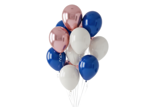 Clustered elegant rose gold metallic, sapphire blue, and matte cream white helium balloons floating on a high-key infinite white background with copy space, luxurious commercial celebration concept