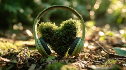Obraz premium A green moss heart is placed on top of a pair of headphones. Concept of nature and tranquility, as the heart and headphones are surrounded by grass and leaves. The combination of the natural elements