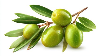 A bunch of green olives on a white background. The olives are on a branch and are surrounded by leaves