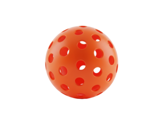 macro, hyperdetailed shot of a single, vibrant traffic cone orange pickleball with precise hole patterns on a high-key pure white studio background, concept for sporting equipment advertising