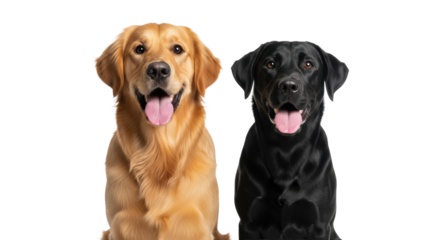 a young, fluffy golden retriever and a sleek black labrador smiling side-by-side on a high-key pure white background with copy space, radiating pure joyful companionship concept