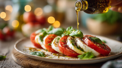 Fresh Caprese salad drizzled with olive oil in a cozy kitchen setting
