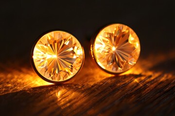 Two Antique Car Headlights on Wooden Surface with Dramatic Lighting