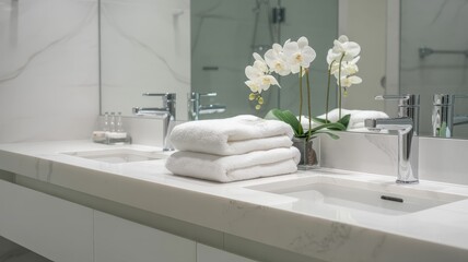 Luxurious modern bathroom with marble countertops, clean white towels, and elegant orchid flowers.
