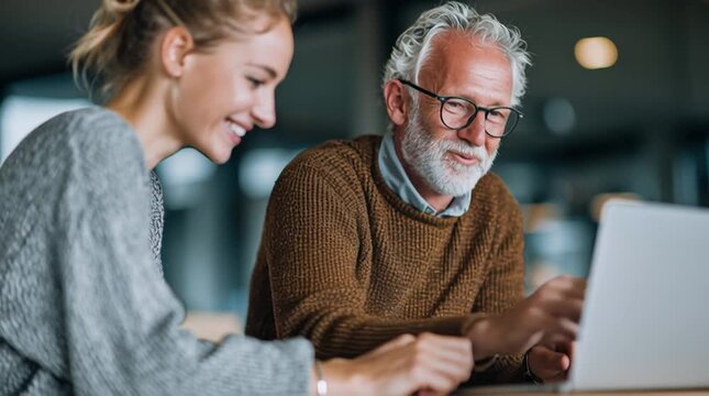 Senior professor guiding a young student during a laptop work session, demonstrating professional knowledge transfer and educational development.