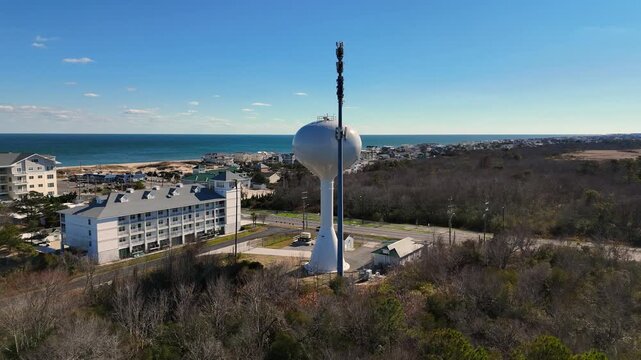 Cinematic Aerial Orbit on Water Tower and Communications Mast in Sandbridge, Virginia Beach