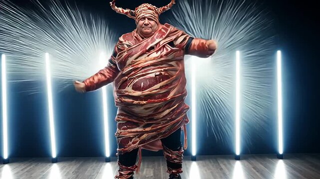 Bizarre and Funny Meat Costume Performance: A Whimsical Food-Themed Spectacle for a Unique and Exciting Celebration
