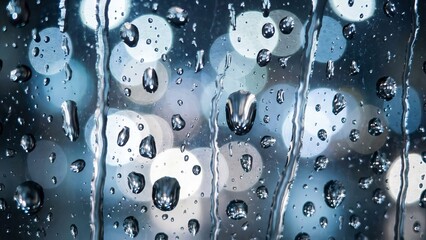 Raindrops on glass with blurred city lights in the background