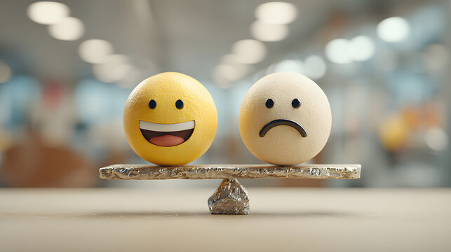 happy and sad smiley face emojis on a balance scale - on a blurred office background.
