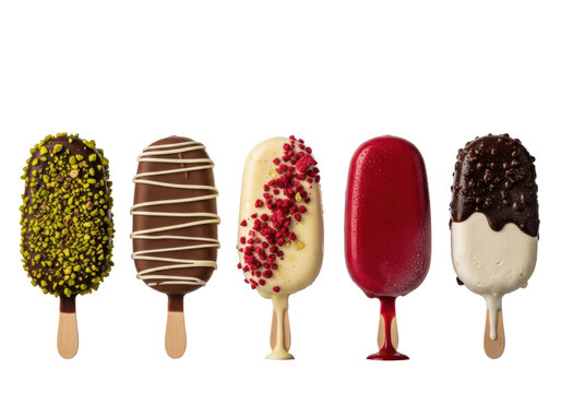 five luxurious chocolate-dipped ice cream bars (paletas) featuring heavy frost and a melt bead, symmetrically presented on a gray slab, macro close-up. concept for high-end summer dessert advertising