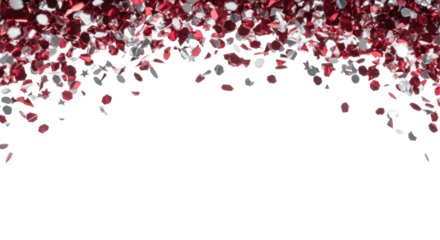 highly reflective red and silver metallic tinsel pieces showering down dynamically against a clean white studio background with copy space. high-speed action, motion blur. concept of success and