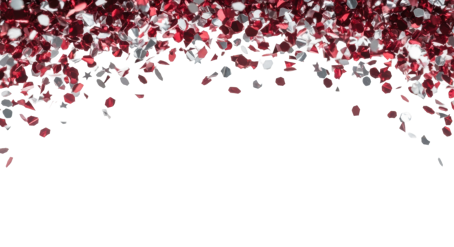 highly reflective red and silver metallic tinsel pieces showering down dynamically against a clean white studio background with copy space. high-speed action, motion blur. concept of success and