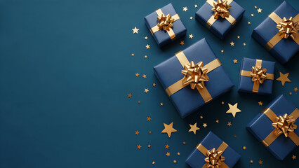 Blue Gift Boxes with Gold Ribbons and Stars on Dark Background – Luxury Holiday Flat Lay
