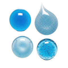 Obraz premium Four vibrant cerulean blue serum drops (glossy, glitter, opalescent, textured) macro shot against clean white background with generous copy space. concept for high-end cosmetic science advertising