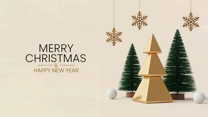 Minimalist Merry Christmas and Happy New Year Greeting with Gold Tree and Green Festive Decor