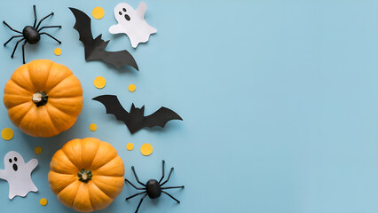 Halloween Flatlay with Pumpkins, Paper Ghosts, Bats and Spiders on Blue Background