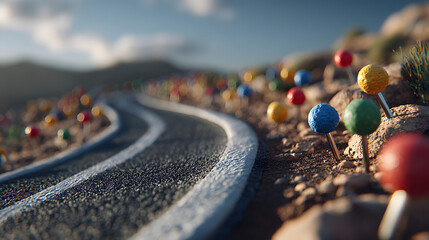A row of colorful pins placed along a road representing strategic planning and milestones in project development journey