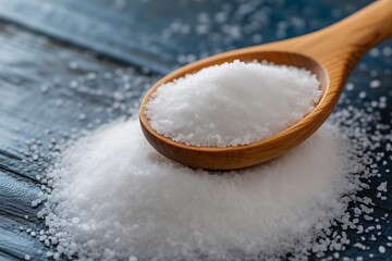 Coarse Sea Salt Presented in a Wooden Spoon on Rustic Blue Wood Surface Shows Purity and Naturalness