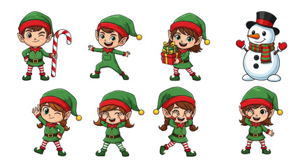 Fototapeta premium Seven cute, detailed cartoon holiday characters (six elves, one snowman) in dynamic, cheerful poses, flat vector illustration isolated on a pure white background. Concept for professional festive