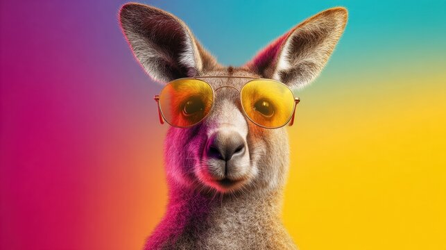 A cartoon of a kangaroo wearing sunglasses and a hat. The kangaroo is smiling and looking at the camera. The image has a fun and lighthearted mood
