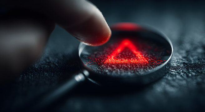A hand holds a magnifying glass over a red alert symbol, emphasizing the importance of caution in the digital age.