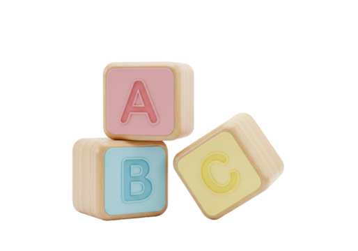 dynamically stacked rose pink, azure blue, and pale yellow wooden educational blocks with letters 'a', 'b', and 'c' on a white studio backdrop. concept of early childhood education