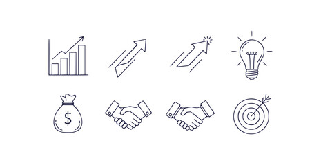 Minimal business concept icons including bar chart growth arrow light bulb money bag handshake and target