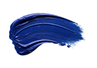 Extreme macro flat lay of a thick, dynamic indigo blue paint stroke (ultramarine/prussian blue) with impasto texture and distressed grunge edges, isolated on stark white copy space. Concept for