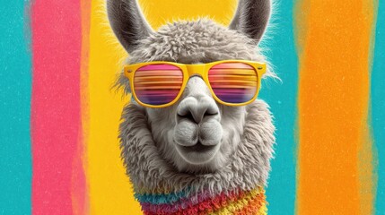 Naklejka premium A cartoonish image of a llama wearing sunglasses and a scarf. The image has a fun and playful mood, with the bright colors of the scarf and the sunglasses adding to the overall cheerful atmosphere
