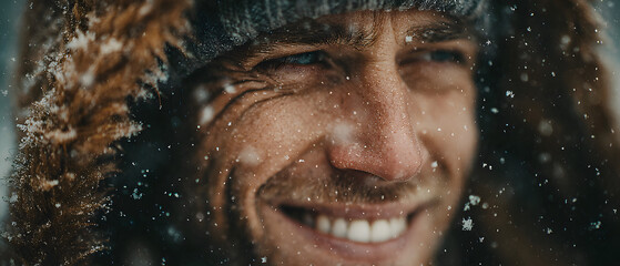 Joyful man laughing while enjoying snowfall in winter landscape, with snowflakes falling around him in a serene outdoor setting