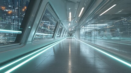 Obraz premium A long, empty hallway with a green light strip running down the middle. The hallway is surrounded by large windows that offer a view of the city. The atmosphere is calm and serene