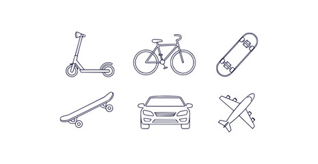 Monoline vector icon set featuring transportation elements like scooters bicycles skateboards cars and airplanes