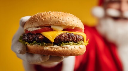 Santa holding a delicious cheeseburger with fresh ingredients in front of a bright yellow background