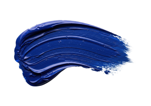 Extreme macro flat lay of a thick, dynamic indigo blue paint stroke (ultramarine/prussian blue) with impasto texture and distressed grunge edges, isolated on stark white copy space. Concept for