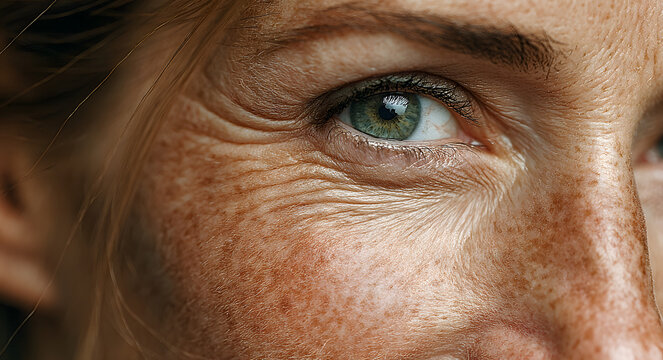 Close-up of a tired woman's face with wrinkles and dark circles under her eyes. Skin aging, fatigue, and stress concept. Natural unretouched skin for dermatology and skincare