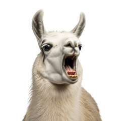 Naklejka premium majestic adult llama with thick cream fleece captured in an extreme close-up studio portrait. it has a dramatic, wide-open mouth shout expression, against a brilliant white background. concept of