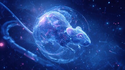 A blue and purple image of a mouse floating in space. The mouse is surrounded by a glowing blue bubble, and the sky is filled with stars. The image has a dreamy, otherworldly feel to it