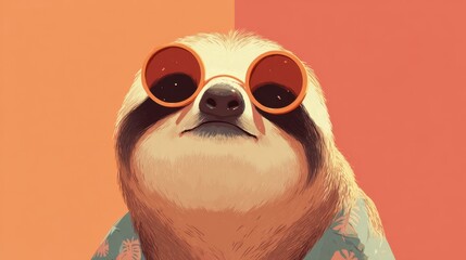 Obraz premium A cartoonish drawing of a sloth wearing sunglasses and a Hawaiian shirt. The sloth is smiling and looking at the camera