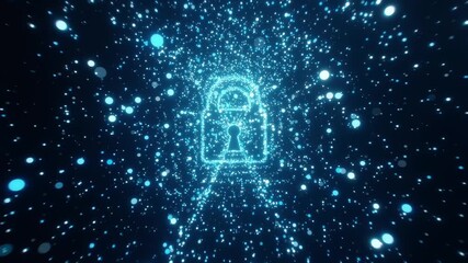 Glowing blue keyhole with cosmic cyber particles and light trails representing digital security and future technology - Powered by Adobe