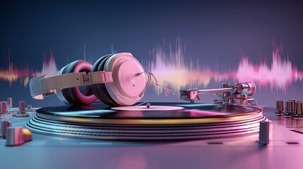 Record player with headphones set up against a colorful sound wave backdrop