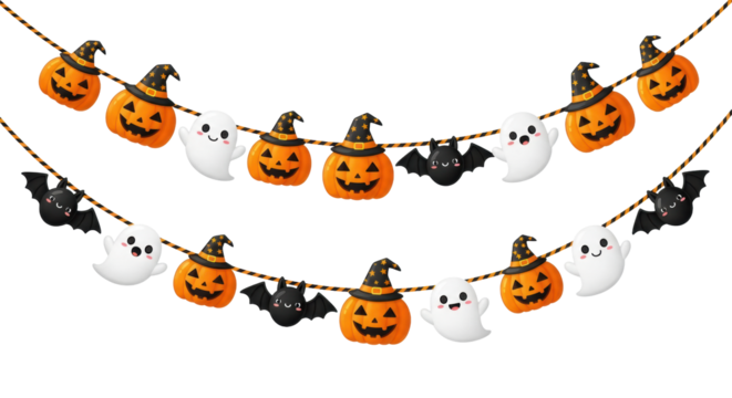 A highly detailed kawaii vector halloween garland (bunting) with cheerful jack-o'-lanterns, smiling ghosts, and bats, isolated on pure white. Concept for festive graphic design asset