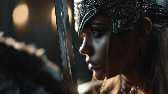 A strong warrior stands confidently, gripping a polished sword that glimmers in the dim light. The intricate details of the armor shine, adding to the sense of power and determinat