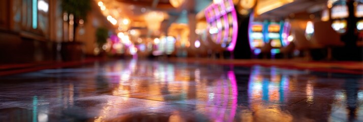 Vibrant casino atmosphere with reflections of neon lights on shiny floor