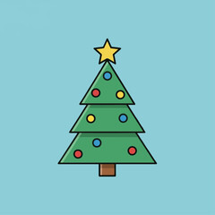 Obraz premium A simple cartoon illustration of a decorated Christmas tree with a star on top against a light blue background.