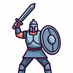 Obraz premium A cartoon illustration of an ancient warrior in full armor holding a sword and shield, ready for battle.