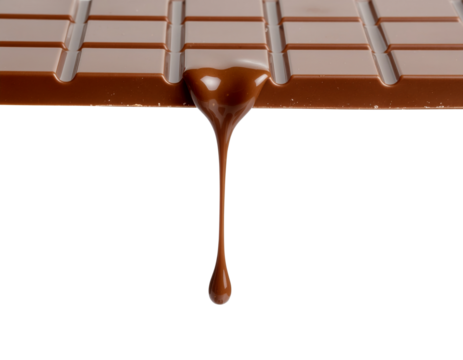 Melted chocolate drop falling from a chocolate bar edge on transparent background. Generative AI