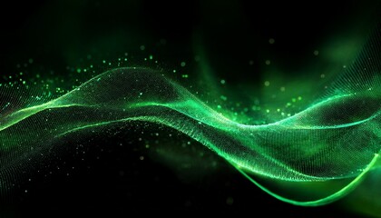 Glowing Green Particles Forming A Flowing Wave Like Structure In A Dark Dreamy Digital Space