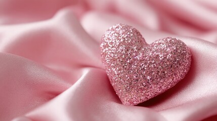 Fototapeta premium A heart made of glitter sits on a pink background. The glitter adds a sparkly and romantic touch to the image